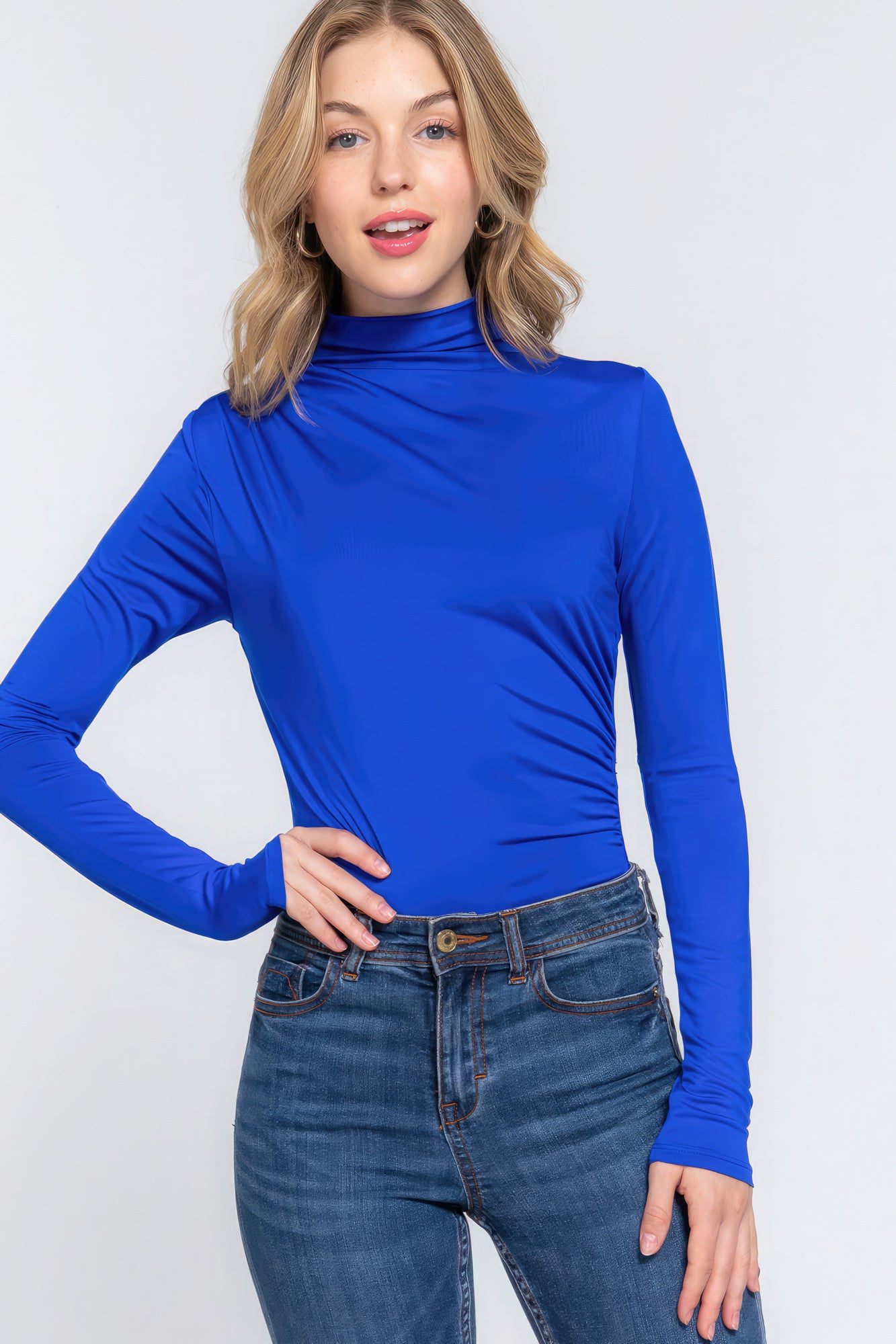 Long Sleeve High Neck Shirring Detail Ity Knit Bodysuit