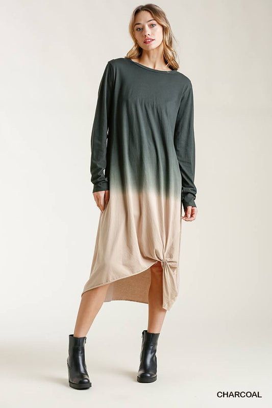 Ombre Front Knot Detail Long Sleeve Maxi Dress With Raw Hem