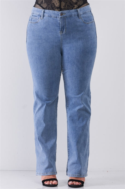 Plus size Mid-wash Blue Denim Low-rise Wide-leg Basic jeans