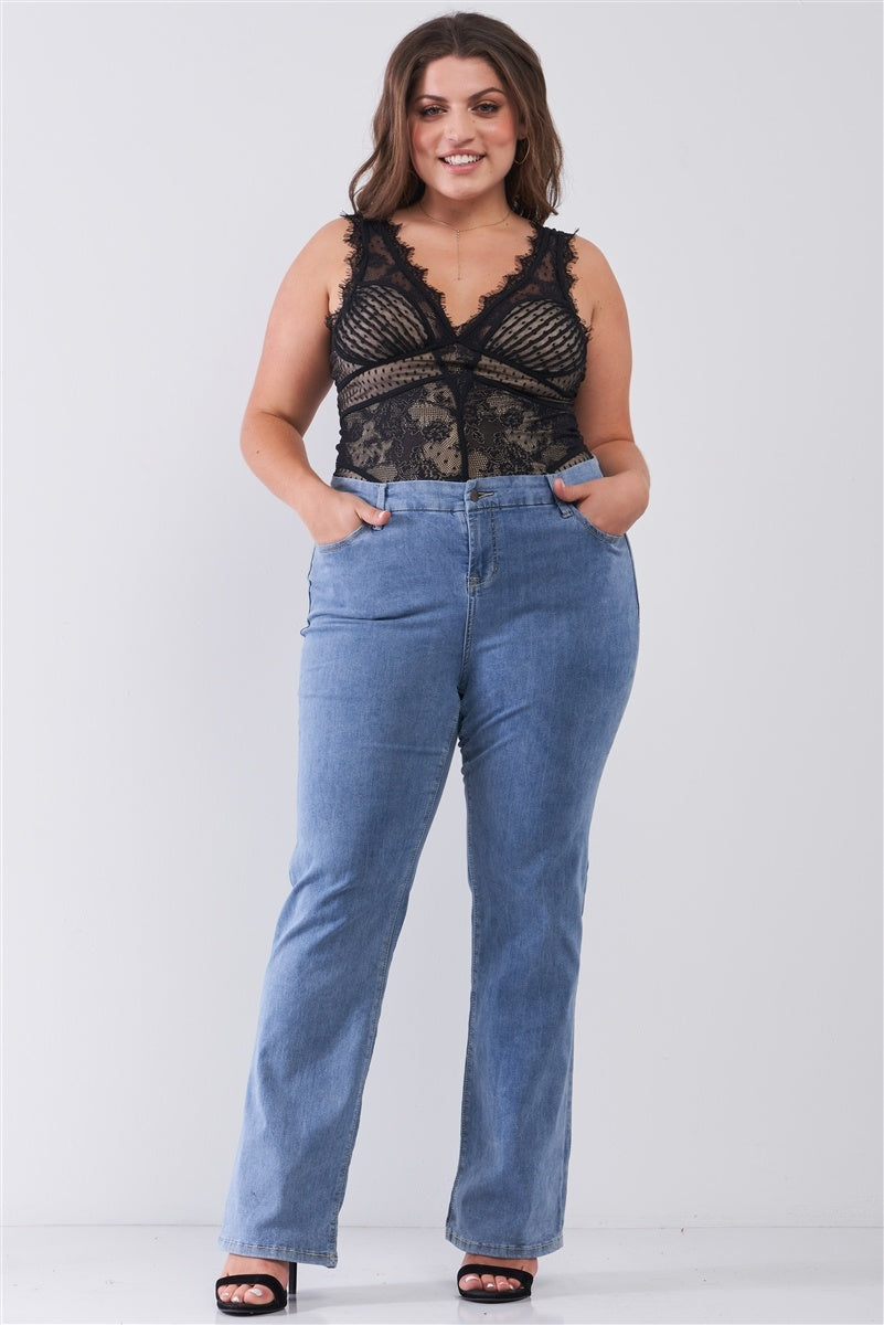 Plus size Mid-wash Blue Denim Low-rise Wide-leg Basic jeans