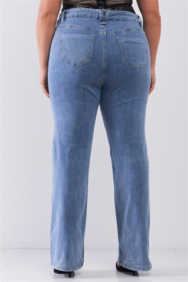 Plus size Mid-wash Blue Denim Low-rise Wide-leg Basic jeans